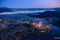 Dawn over Hobart's northern suburbs (Lutana, Moonah, Glenorchy, etc.) and the Derwent River. The Zinc Works can be clearly seen in the foreground.